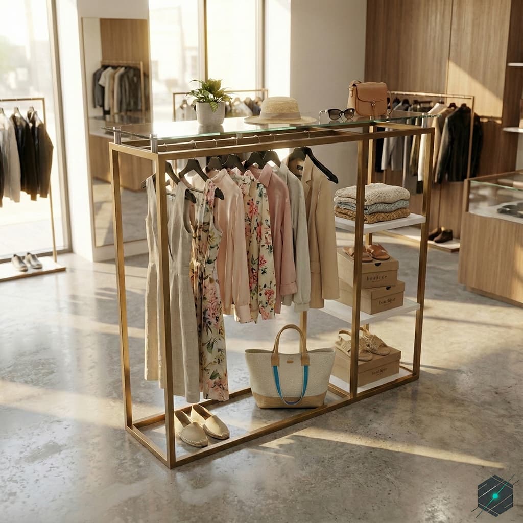 Perchero Exhibidor Central Dorado con Estantería Lateral y Tope de Vidrio - View 2