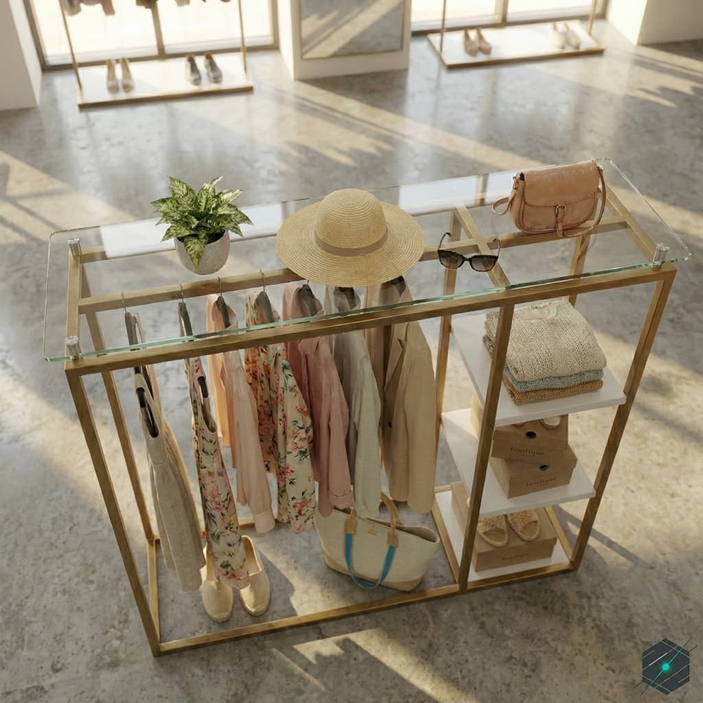 Perchero Exhibidor Central Dorado con Estantería Lateral y Tope de Vidrio - View 4