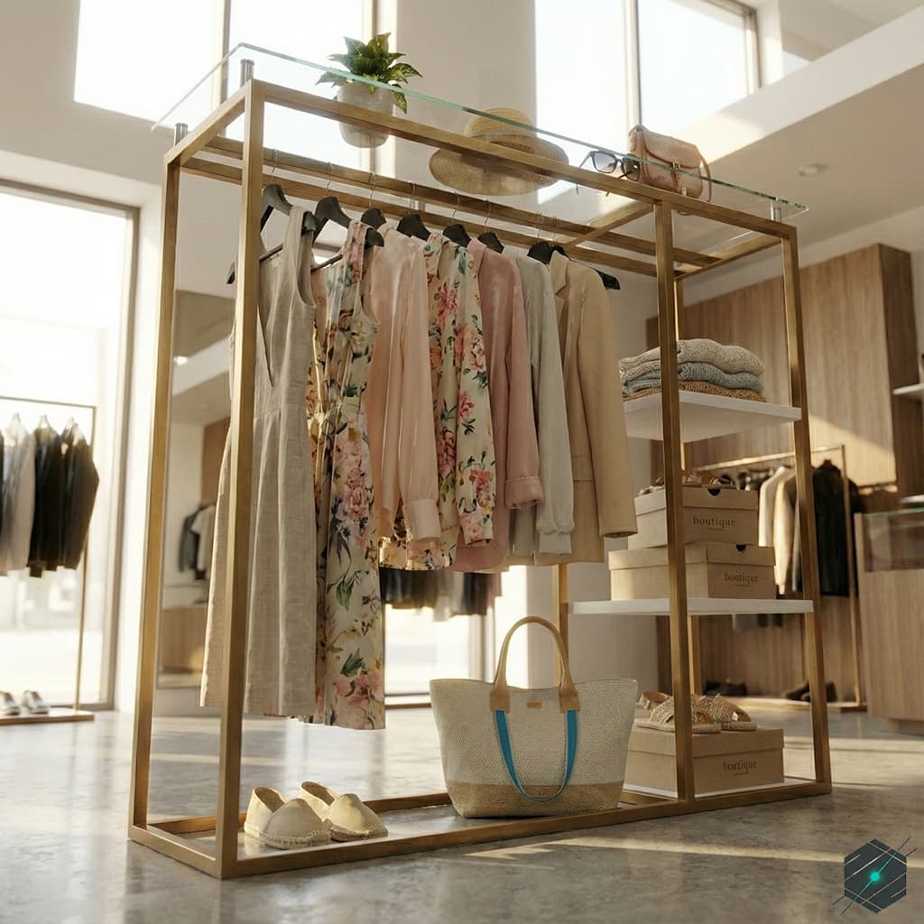 Perchero Exhibidor Central Dorado con Estantería Lateral y Tope de Vidrio - View 3