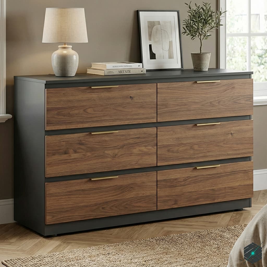 Gavetero Moderno de 6 Gavetas - Combinado Madera y Gris Plomo - View 3