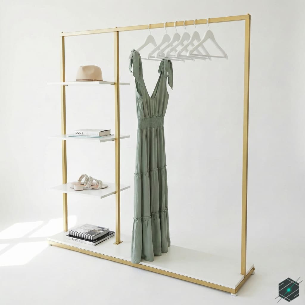 Perchero Exhibidor Boutique Dorado con Estantería Lateral y Base Blanca - View 1