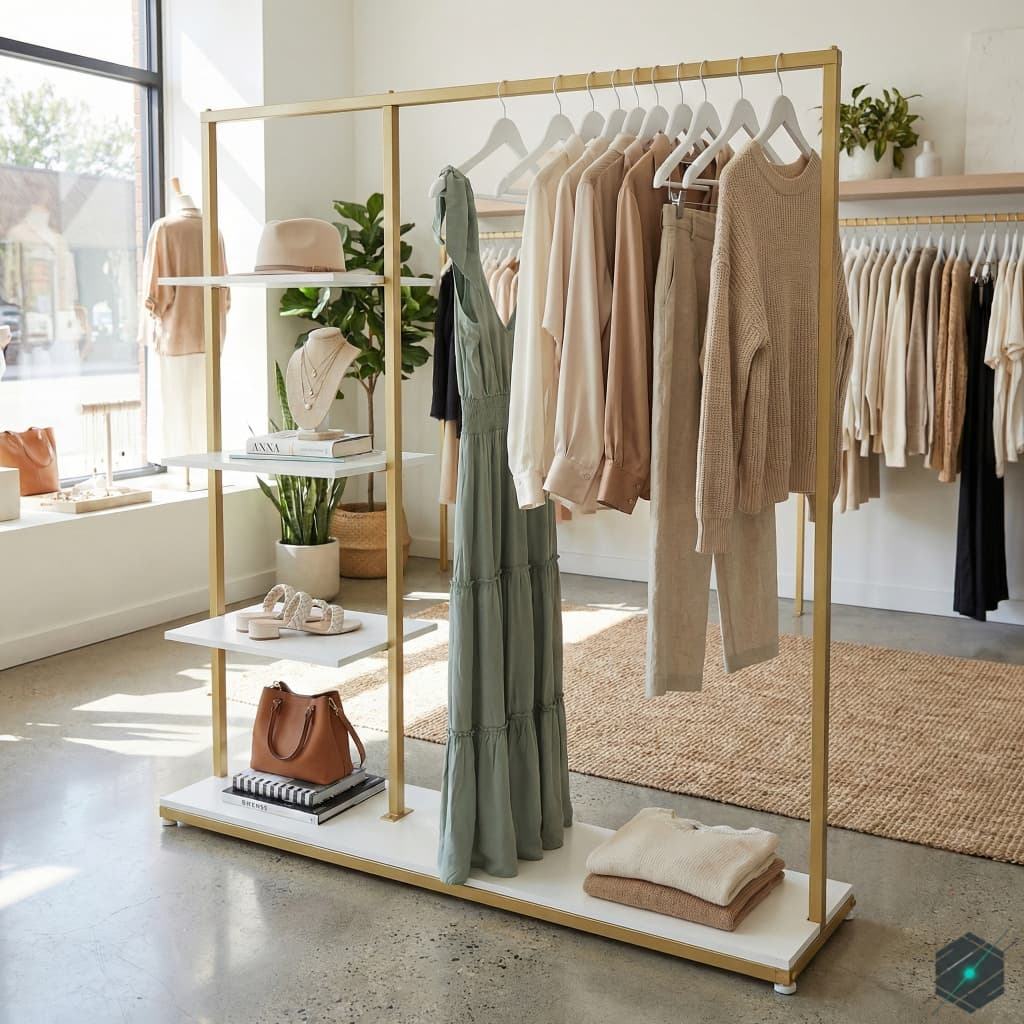 Perchero Exhibidor Boutique Dorado con Estantería Lateral y Base Blanca - View 2