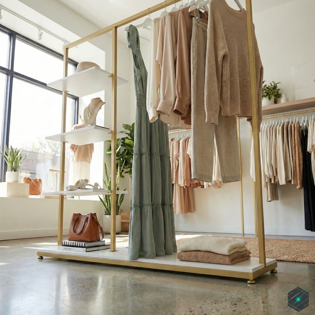 Perchero Exhibidor Boutique Dorado con Estantería Lateral y Base Blanca - View 3